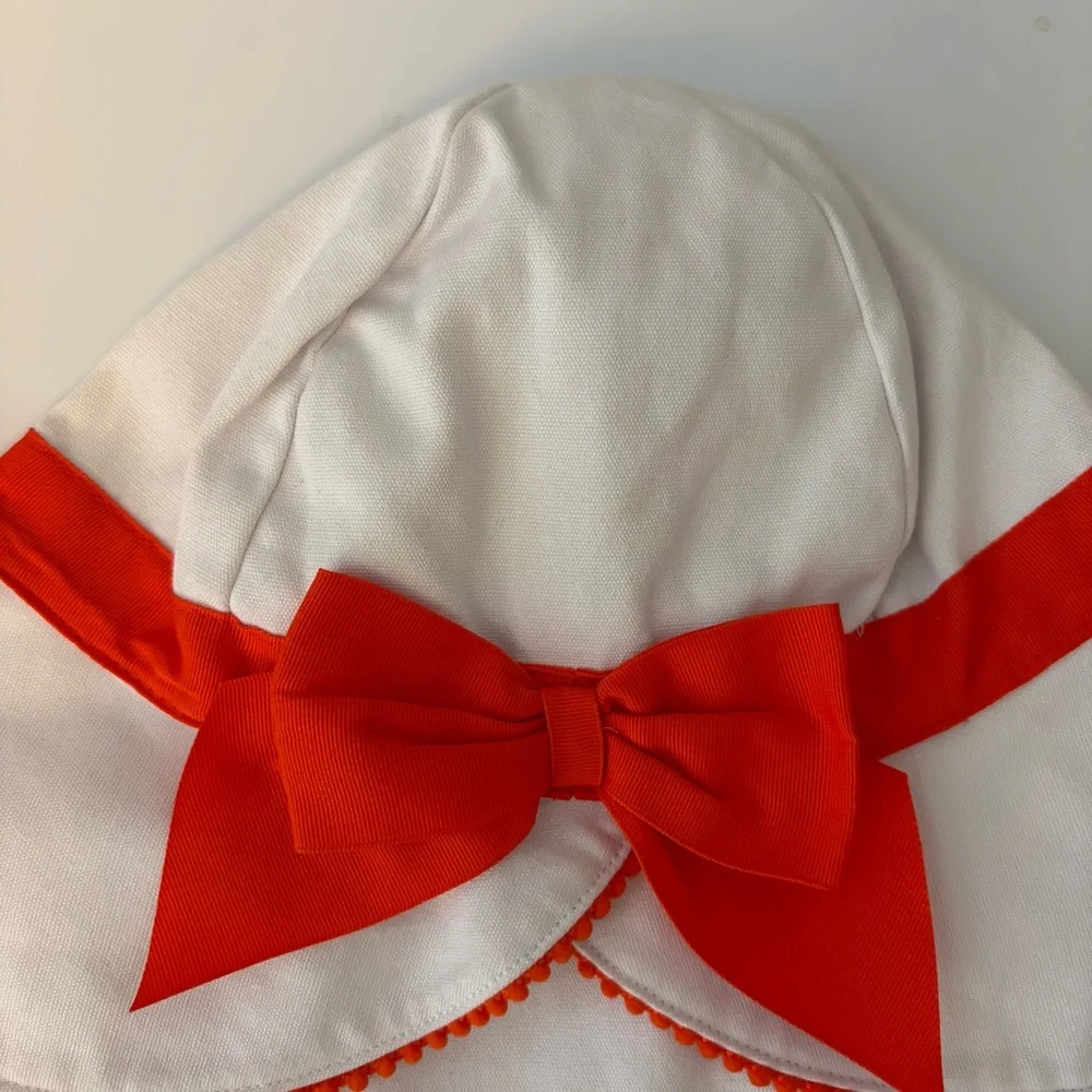 Janie and Jack white sunhat with orange bow and pom trim size 6-8